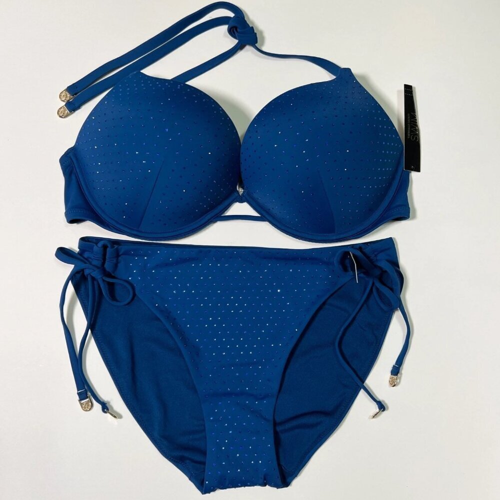 Victoria Secret 36D L Bombshell Push Up Bikini Top Set Shine Sapphire Blue